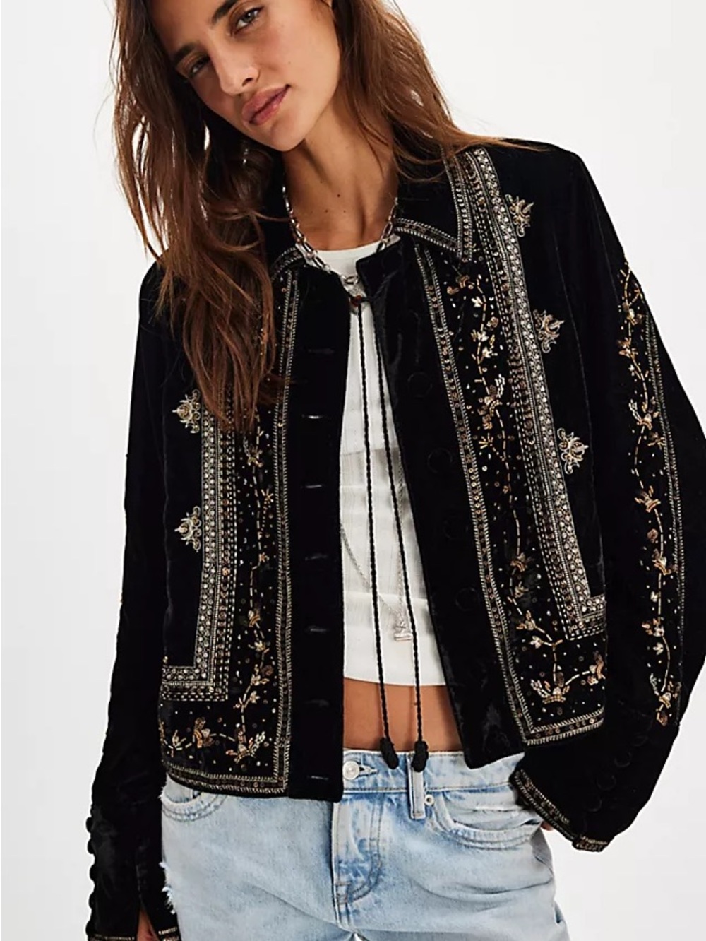 Free People Embellished Velvet Jacket